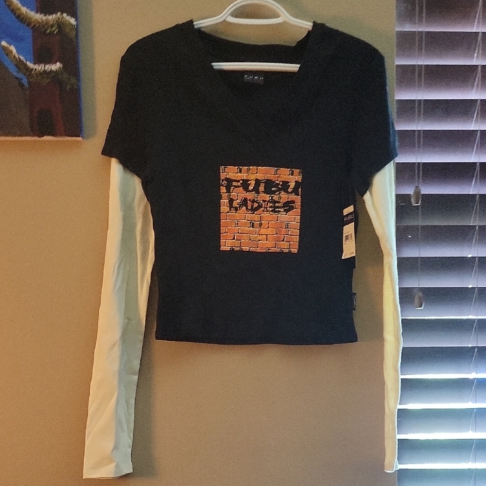 FUBU Black and Orange Long Sleeve Crop Graphic Tee